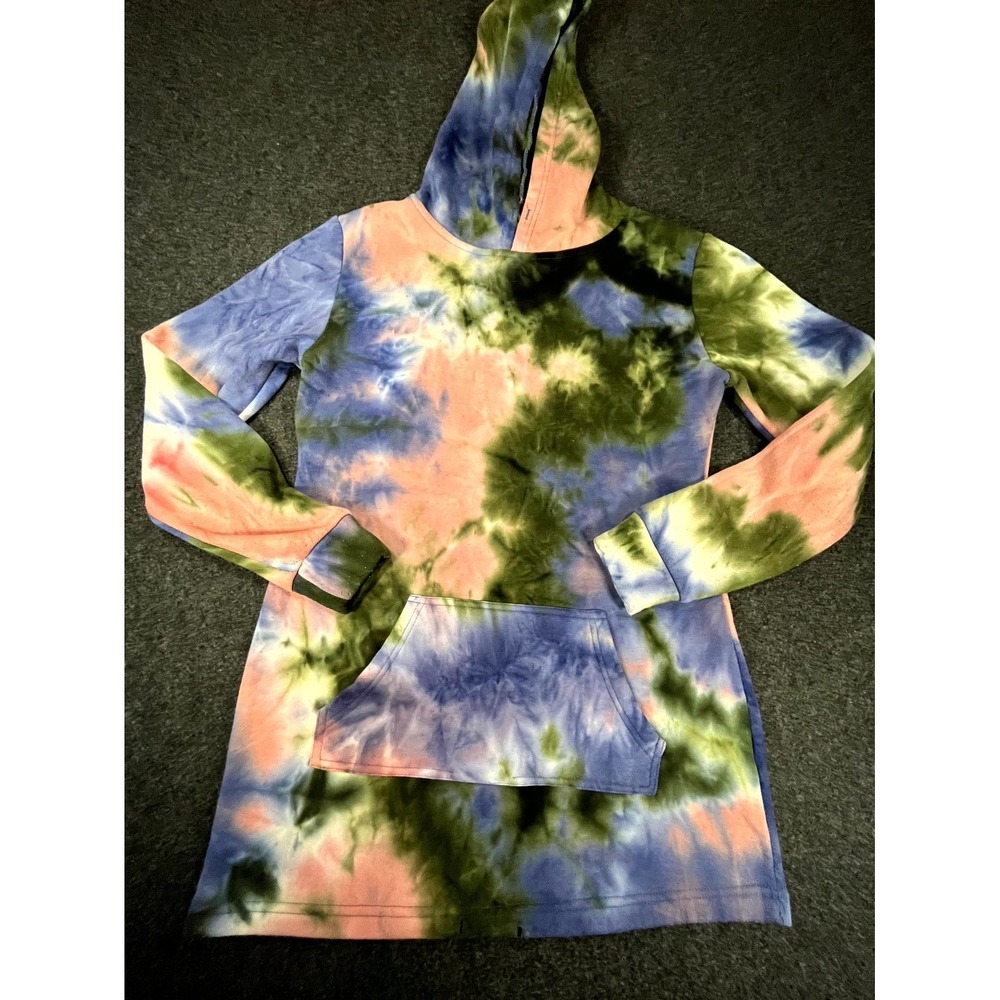 Bamboo Sports Sweatshirt Dress‎ Womens Medium Multi Tie Dye Hooded Fleece Lined